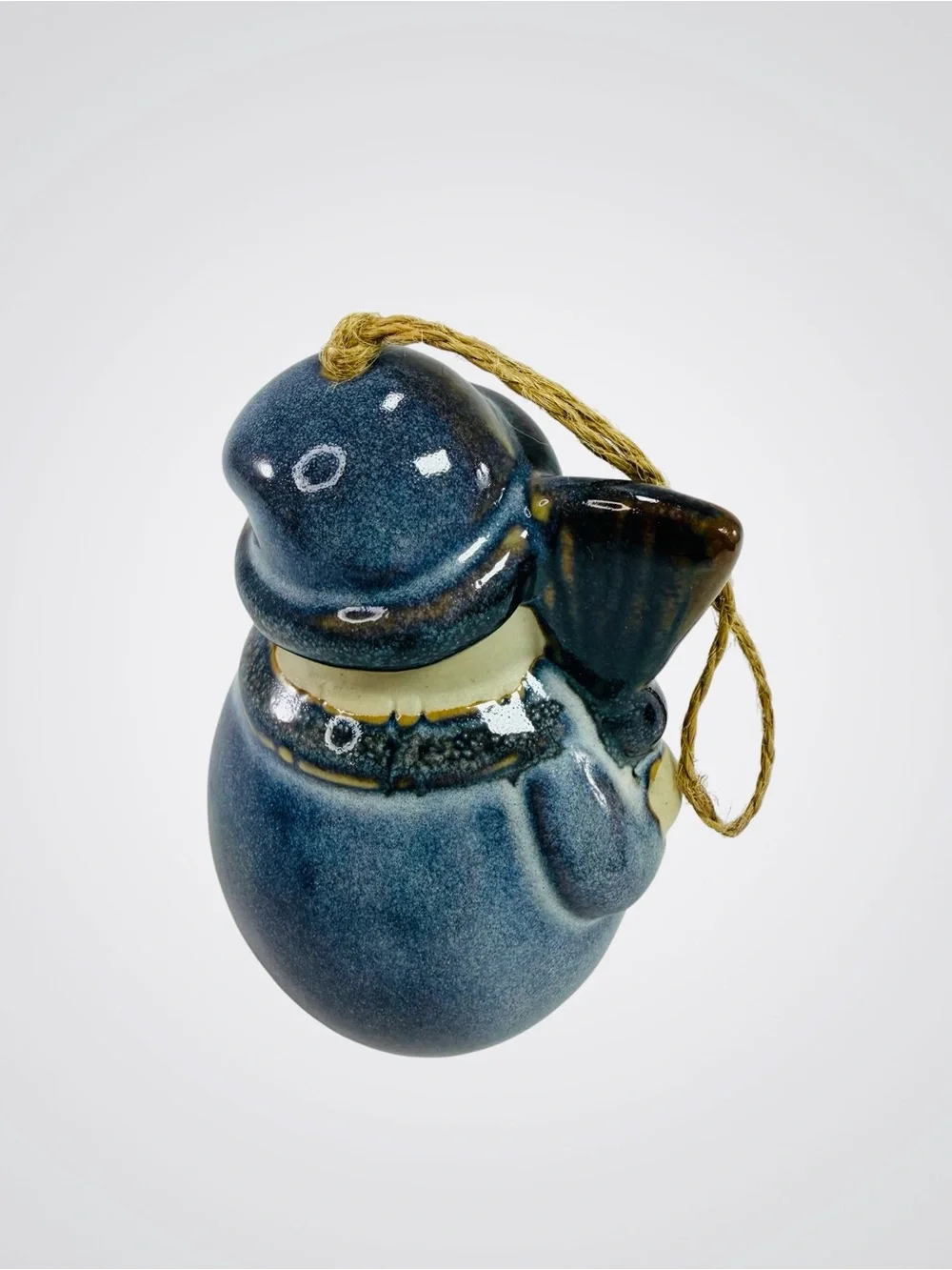 Ceramic Glazed Snowman Hanging Bell Christmas Ornament Cobalt Blue Gold Broom